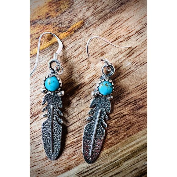 Sterling Silver Feather Earrings with Turquoise Dangles Native Style 925 - Picture 2 of 7
